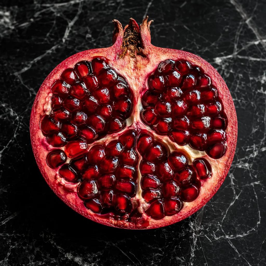 A perfectly halved pomegranate with glistening jewel-like ruby red seeds, shot f