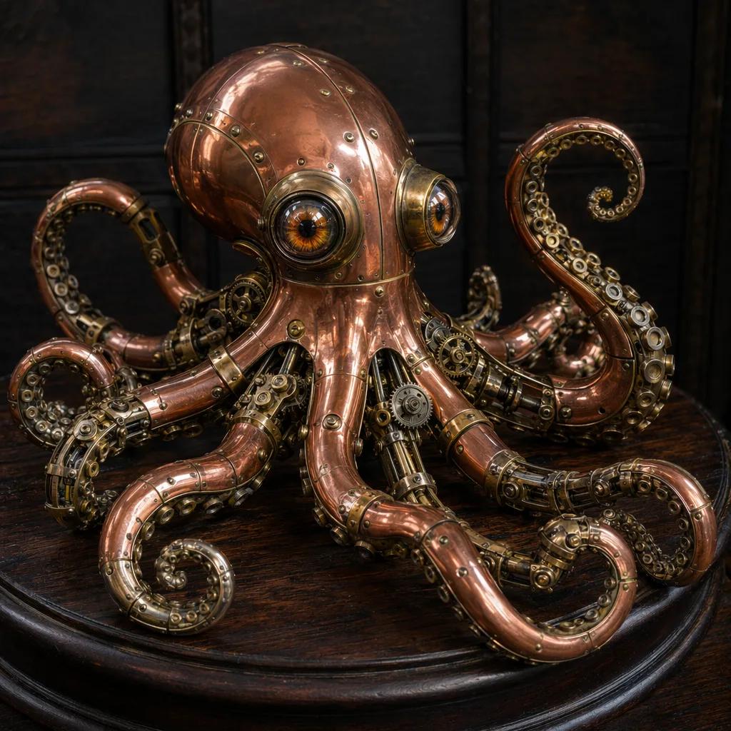 A steampunk mechanical octopus sculpture made of polished copper and brass with 