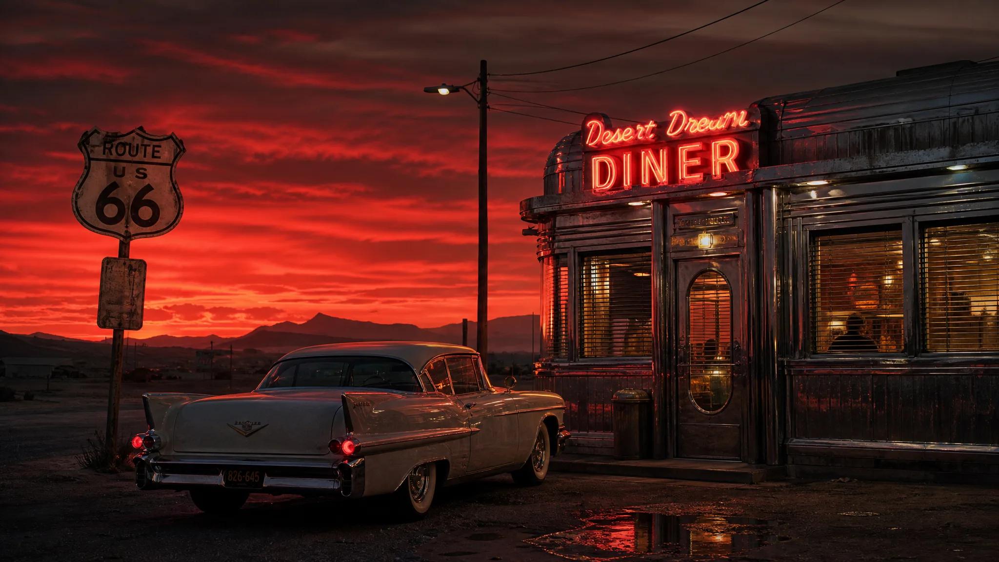 A classic 1957 Cadillac parked outside a retro chrome diner with a neon sign on 