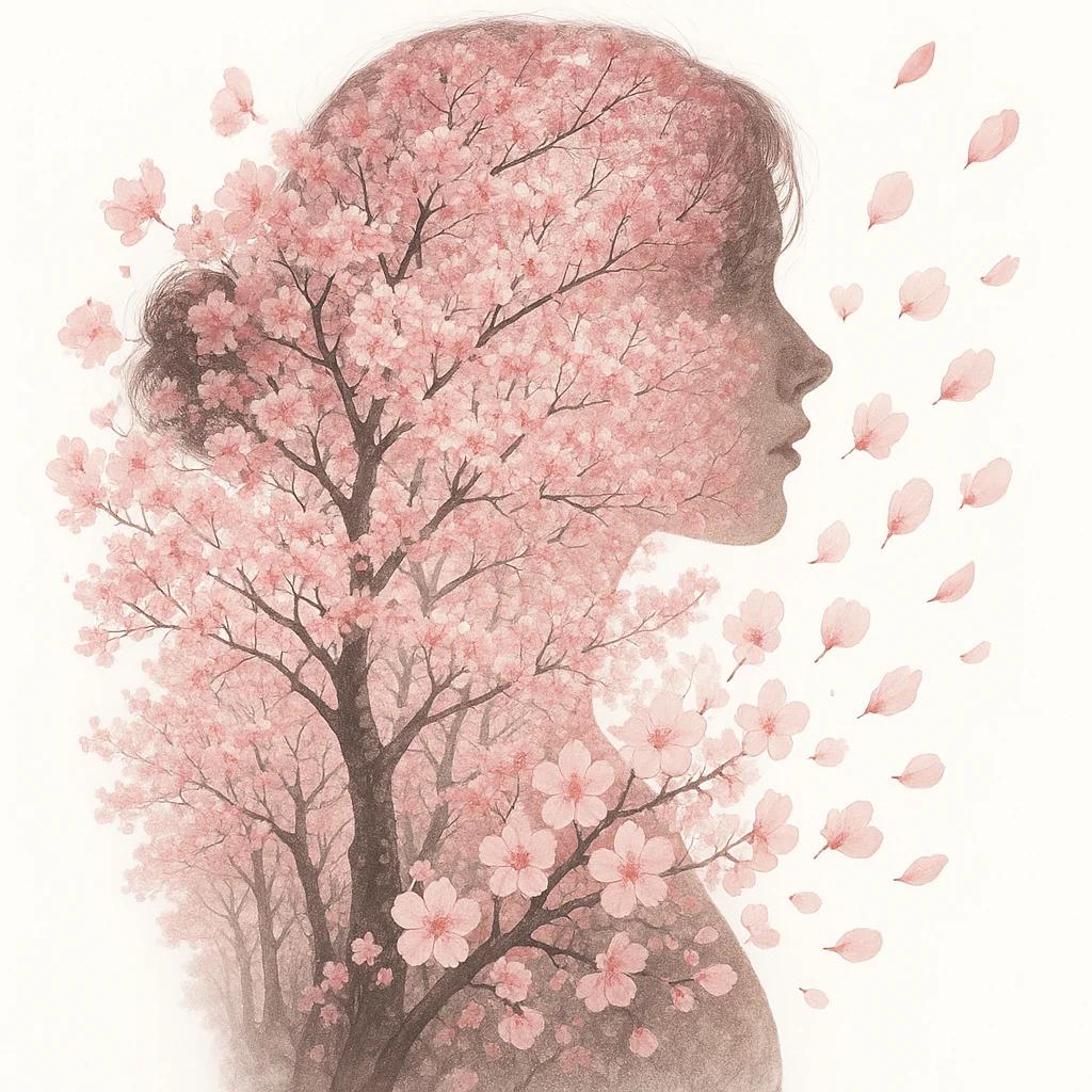 A surreal double exposure portrait: a woman silhouette filled with a blooming ch