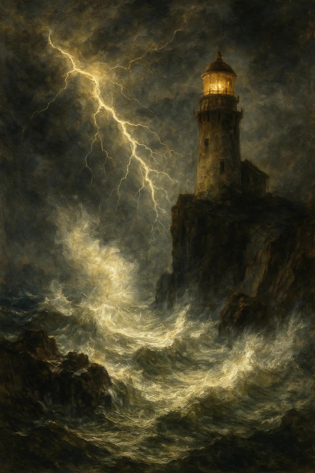 A lighthouse on a dramatic cliff during a massive storm, enormous waves crashing