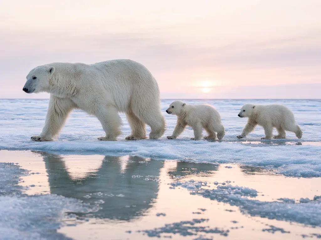 A mother polar bear walking across Arctic sea ice with two cubs following behind