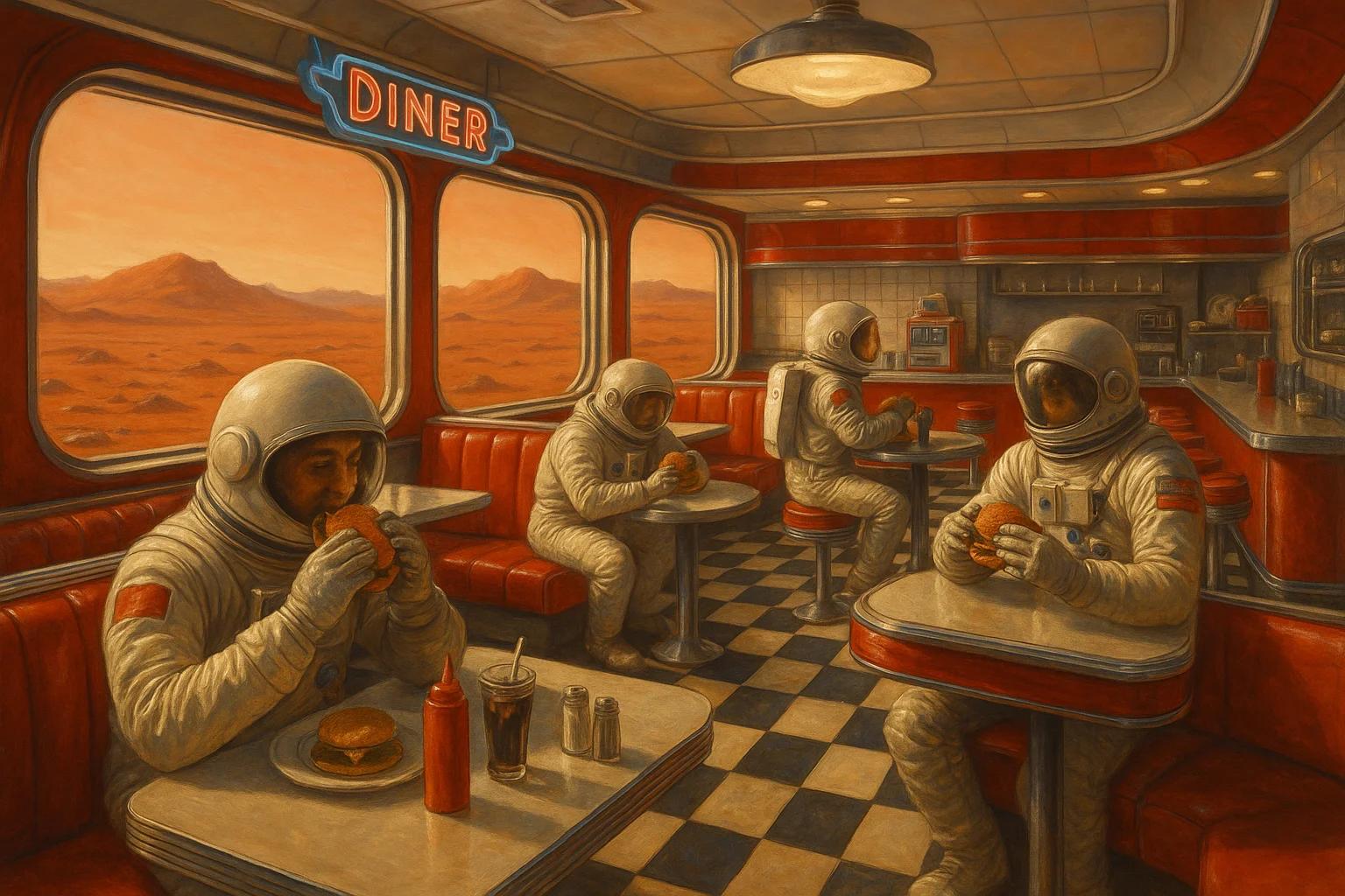 A retro-futuristic diner on Mars, red desert visible through panoramic windows, 