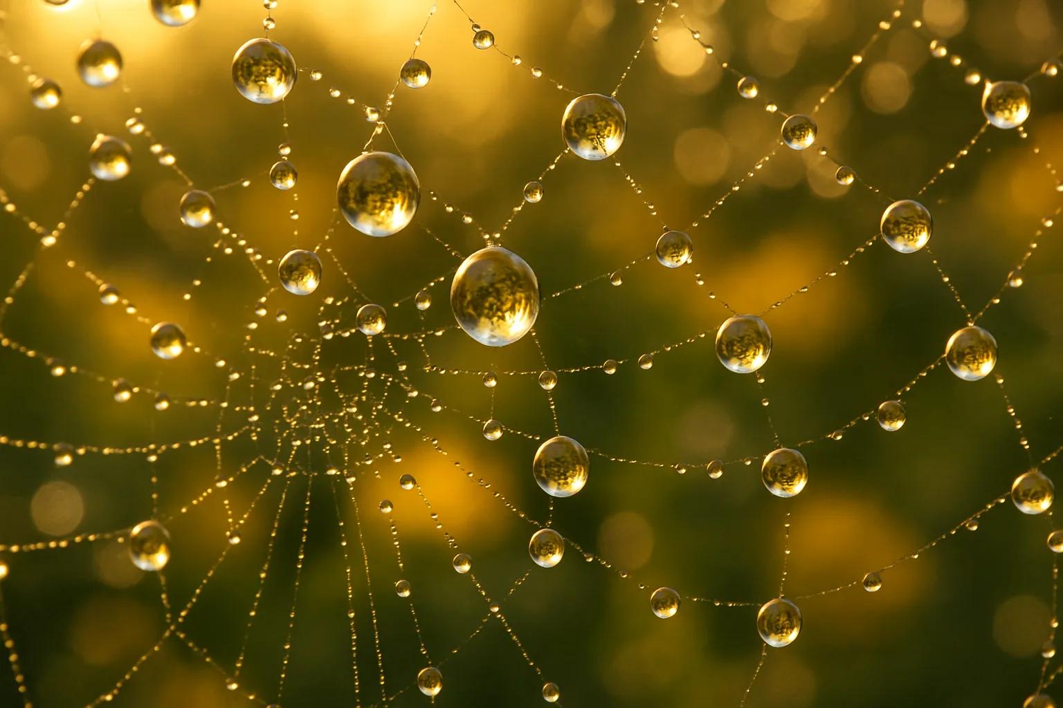 Macro photography close-up of morning dew drops on a spider web illuminated by w
