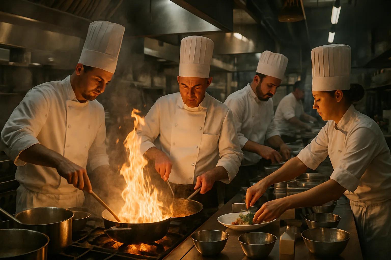 A team of professional chefs in white uniforms cooking with dramatic flames risi