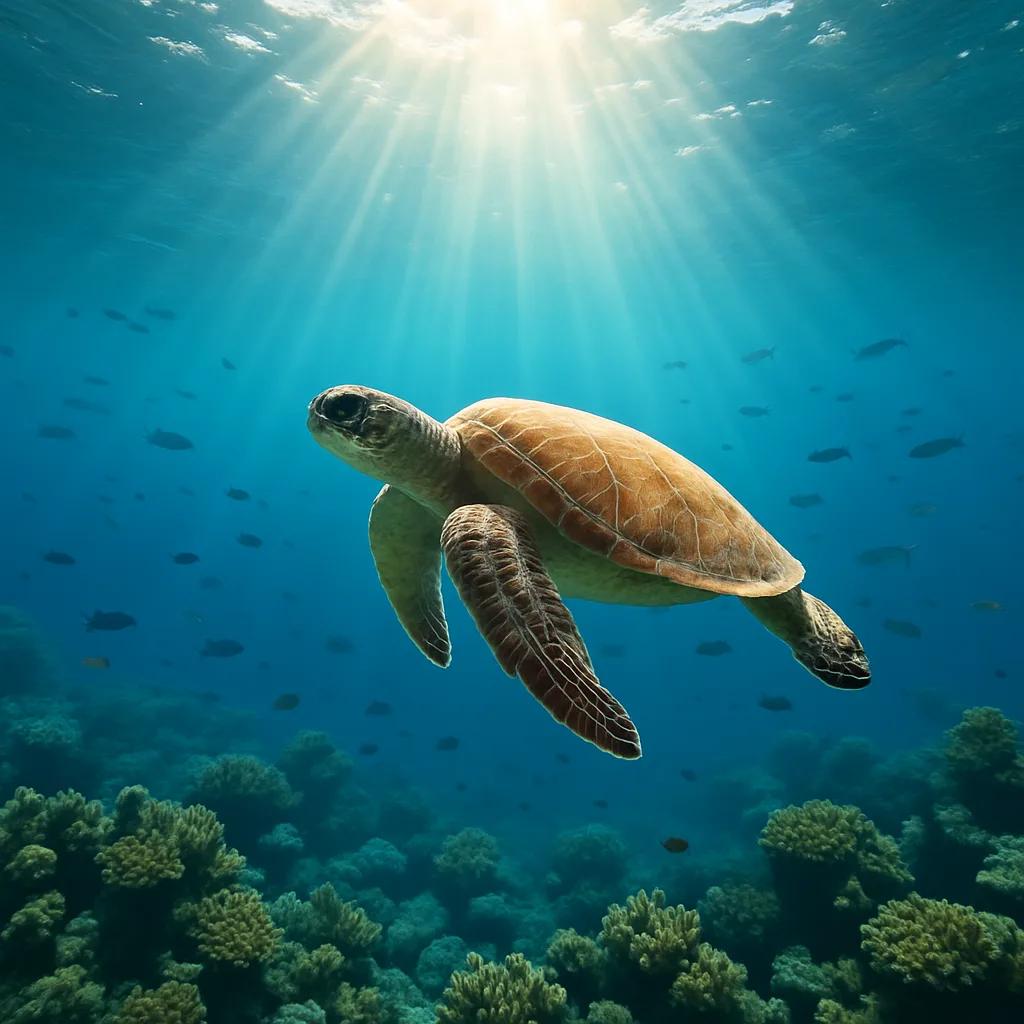 A sea turtle gracefully swimming above a coral reef in clear turquoise water wit