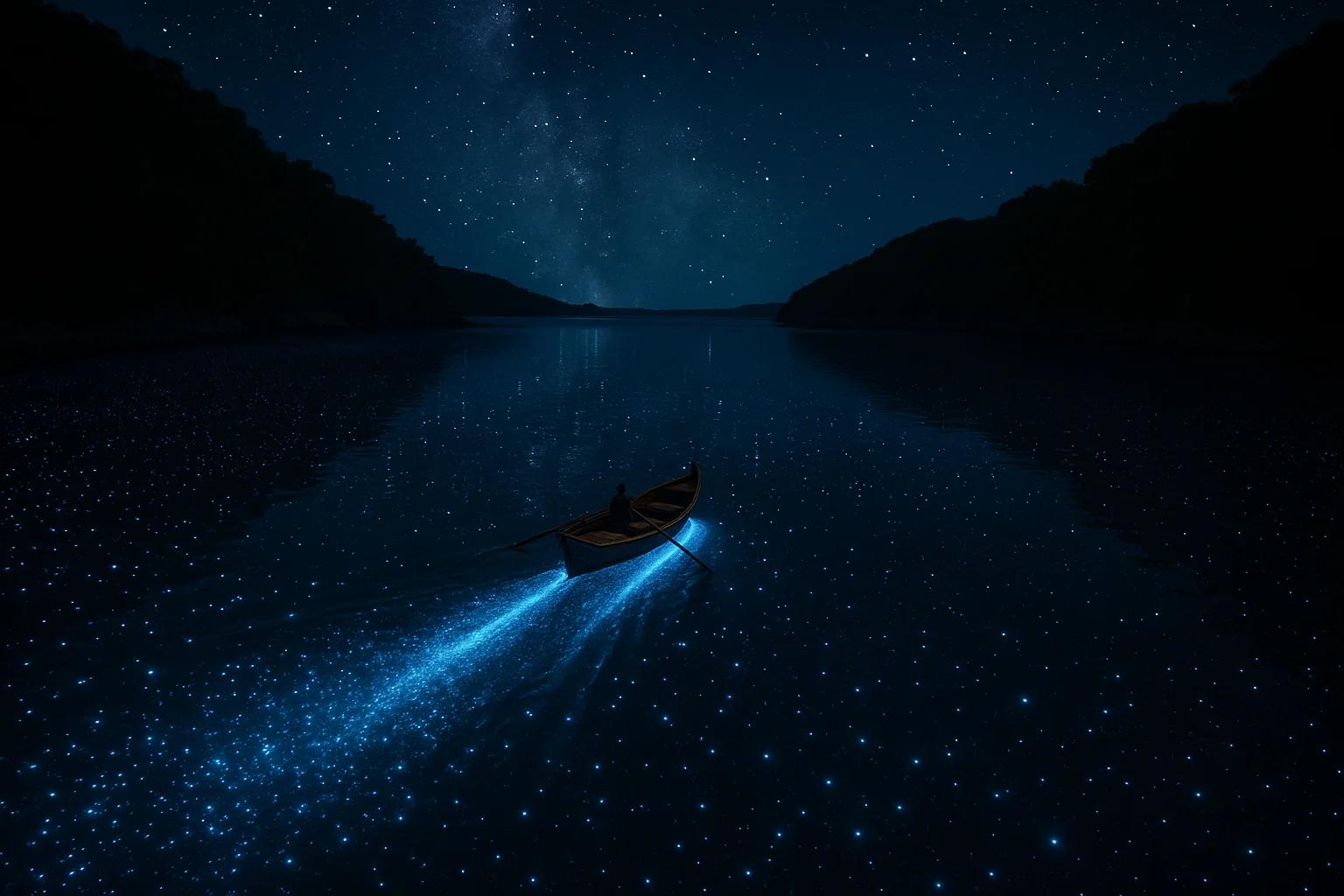 Aerial view of a bioluminescent bay at night, thousands of blue-green glowing or