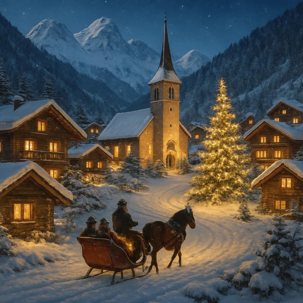 A charming snow-covered Alpine village at night with a church steeple, glowing w