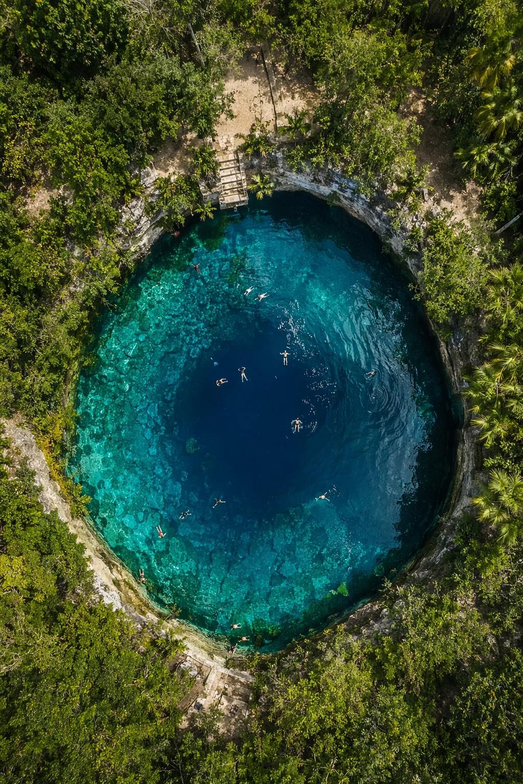 Aerial drone photograph looking straight down into a circular open cenote in the