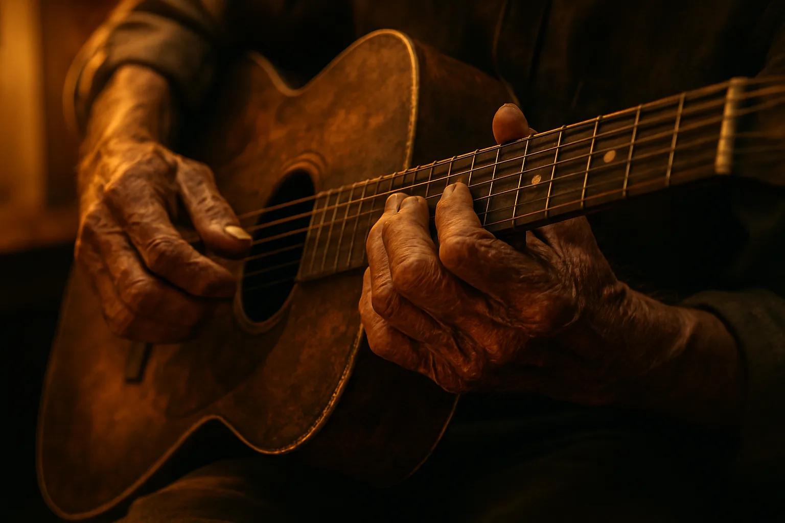 Close-up of weathered elderly hands playing a worn acoustic guitar in warm amber